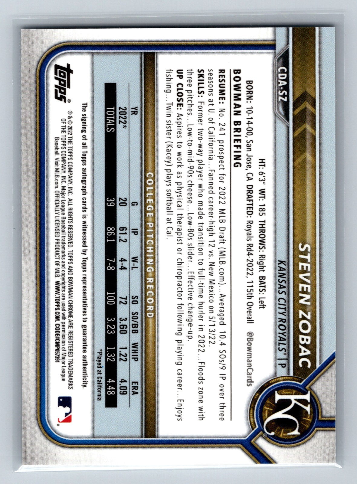 Steven Zobac 2022 Bowman Draft Chrome 1st Auto #CDA-SZ Royals