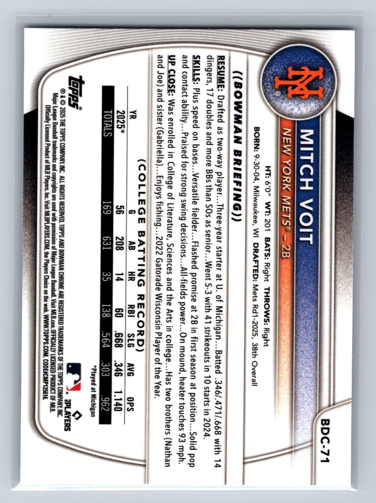 Mitch Voit 2025 Bowman Draft Chrome 1st Mojo Refractor #BDC-71 Mets