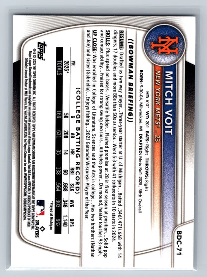 Mitch Voit 2025 Bowman Draft Chrome 1st Mojo Refractor #BDC-71 Mets
