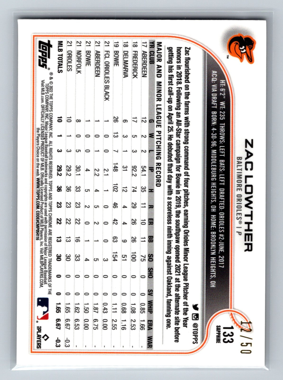 Zac Lowther 2022 Topps Chrome Sapphire Gold RC /50 #133 Orioles