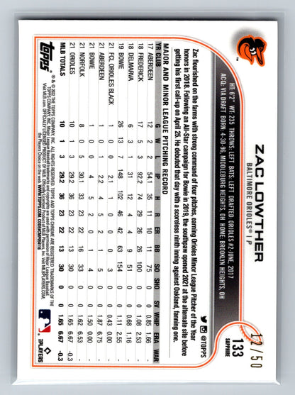 Zac Lowther 2022 Topps Chrome Sapphire Gold RC /50 #133 Orioles