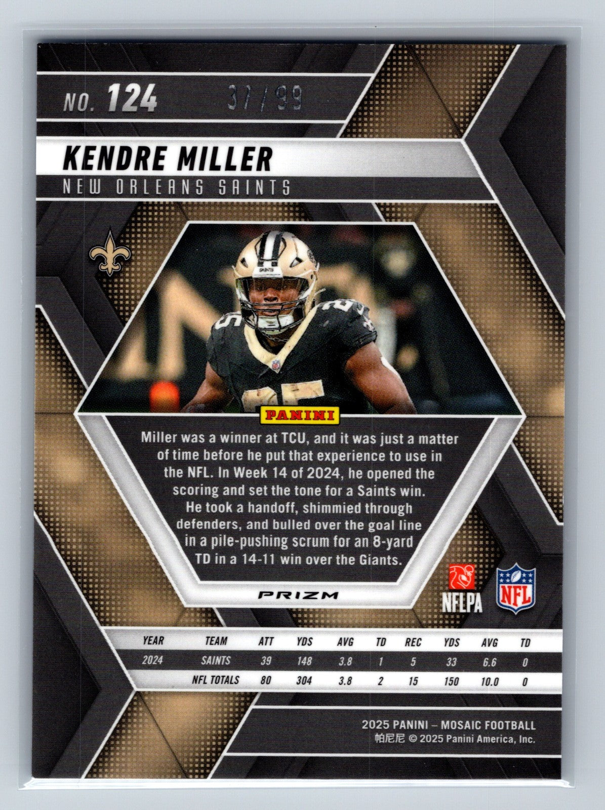 Kendre Miller 2025 Panini Mosaic Blue Mosaic Prizm /99 #124 Saints