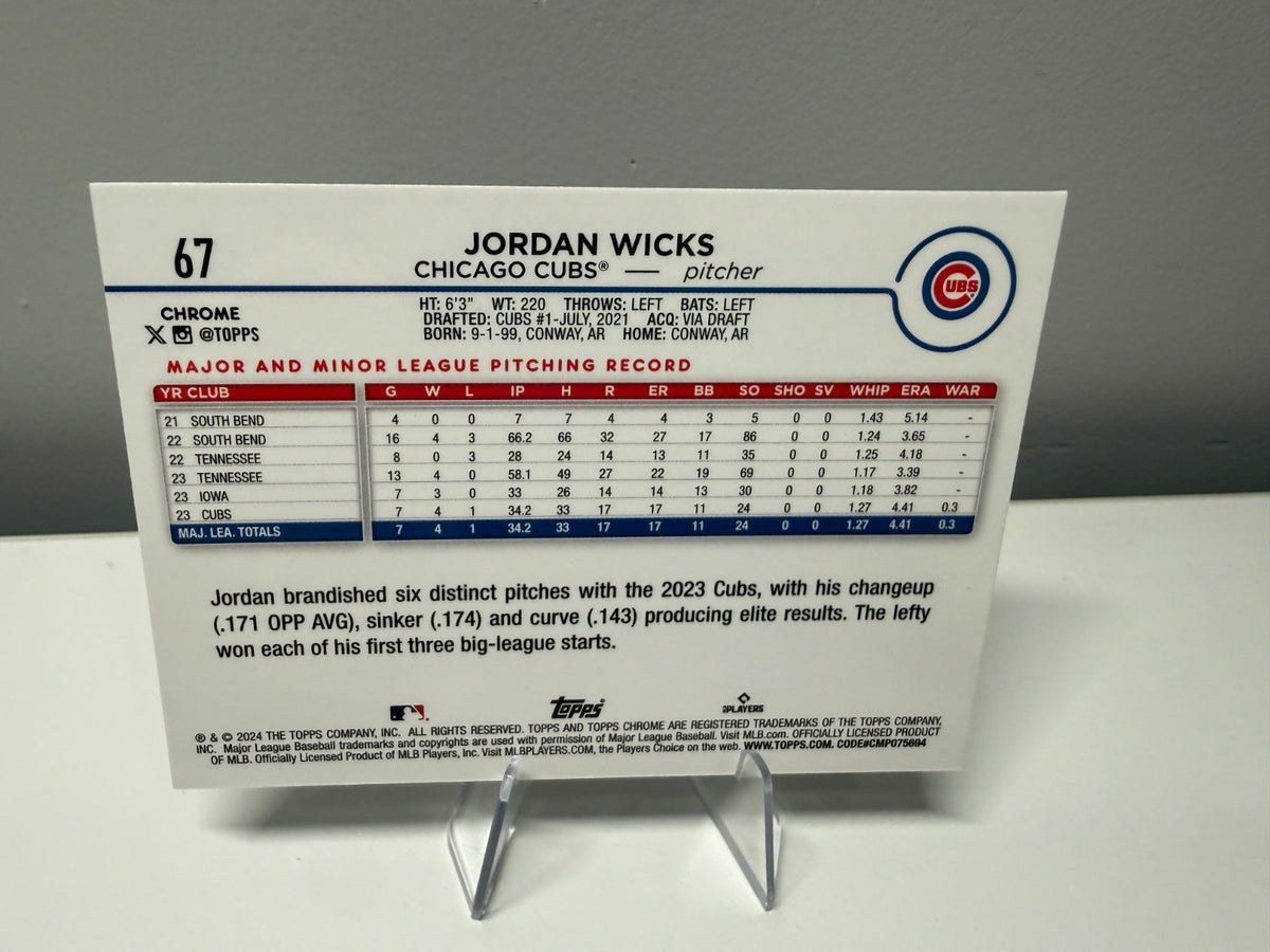 Jordan Wicks 2024 Topps Chrome Purple Sonar Refractor RC /275 #67 Cubs