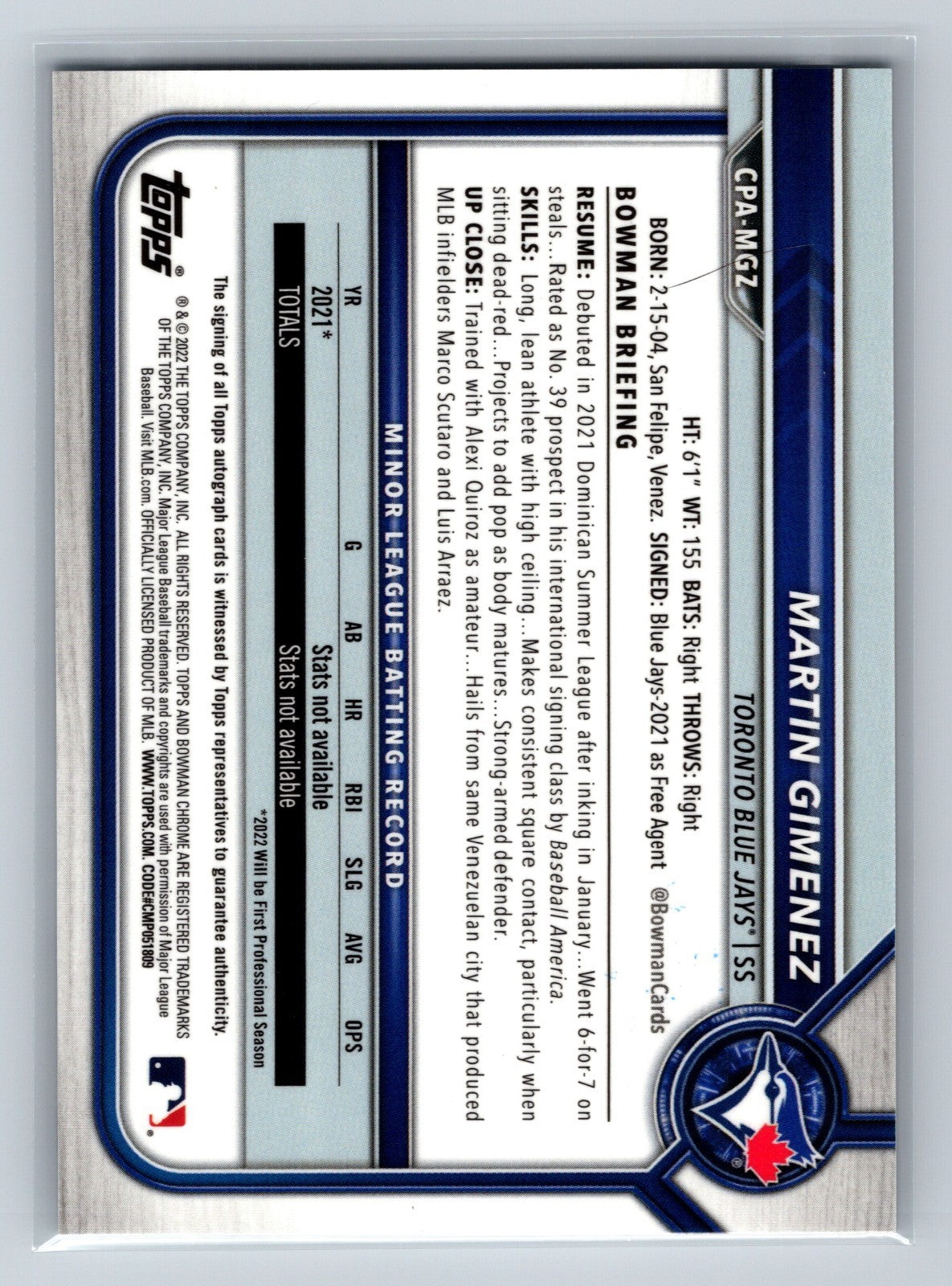Martin Gimenez 2022 Bowman Chrome 1st Auto #CPA-MGZ Blue Jays