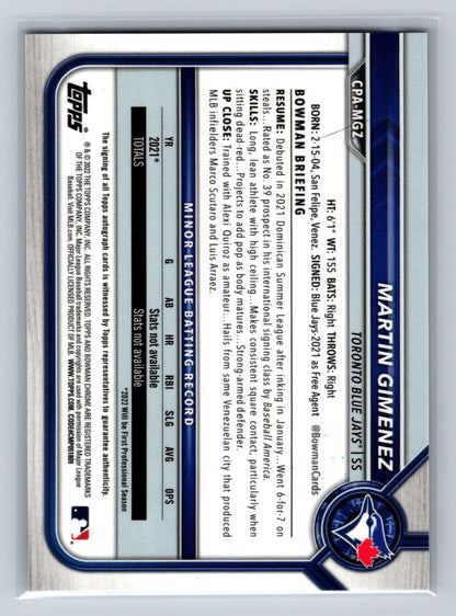 Martin Gimenez 2022 Bowman Chrome 1st Auto #CPA-MGZ Blue Jays