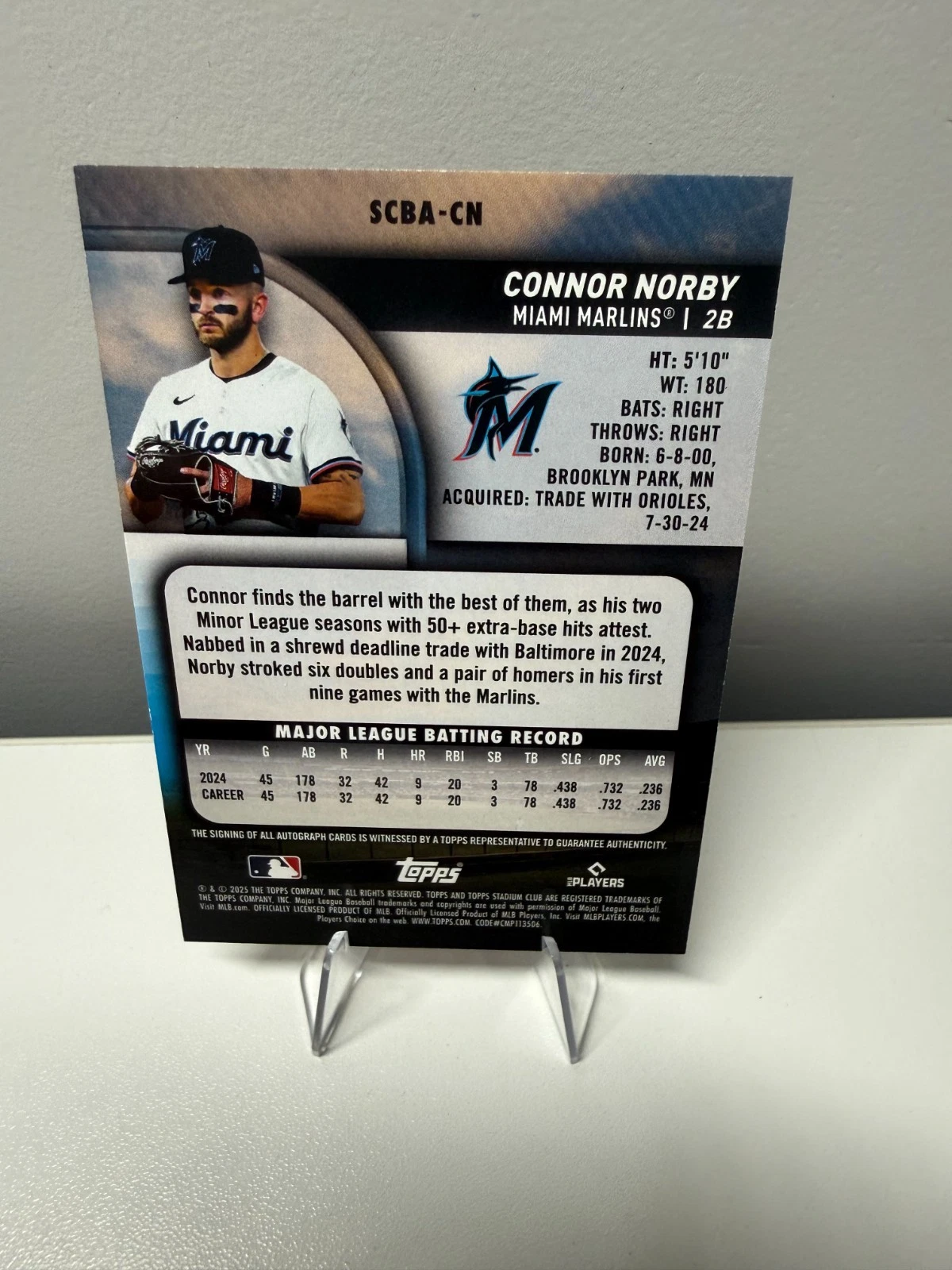 Connor Norby 2025 Topps Stadium Club Autograph Yellow Foil Auto RC #SCBA-CN