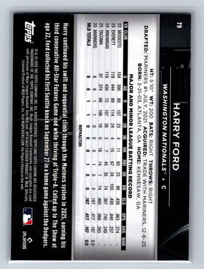 Harry Ford 2026 Topps Chrome Black Refractor RC /199 #79 Nationals