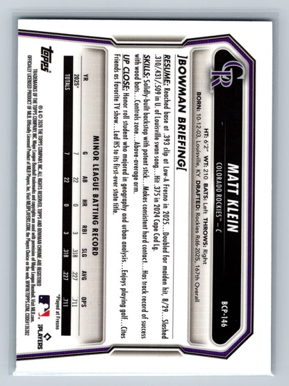 Matt Klein 2026 Bowman Chrome 1st Aqua Geometric Refractor /125 Rockies