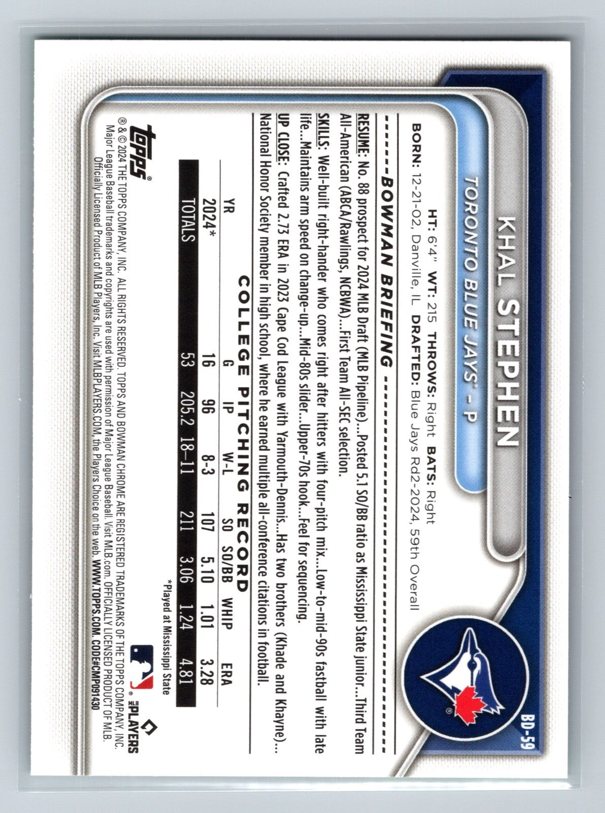 Khal Stephen 2024 Bowman Draft 1st Green #BD-59 Blue Jays
