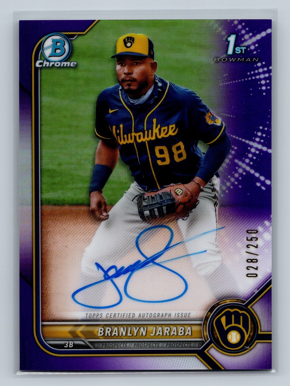 Branlyn Jaraba 2022 Bowman Chrome 1st Purple Refractor Auto /250 #CPA-BJ Brewers
