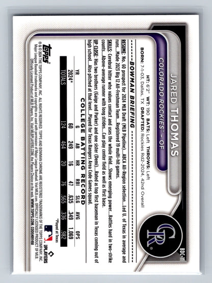 Jared Thomas 2024 Bowman Draft Chrome 1st Purple Refractor /250 #BDC-11 Rockies
