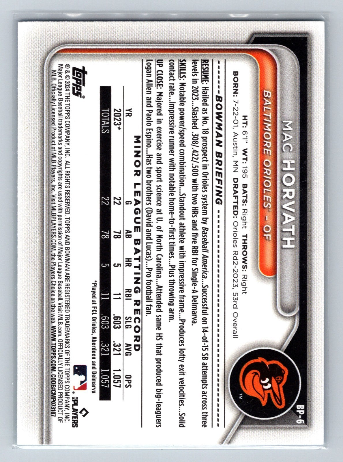 Mac Horvath 2024 Bowman Paper Prospect Sky Blue /499 #BP-6 Orioles