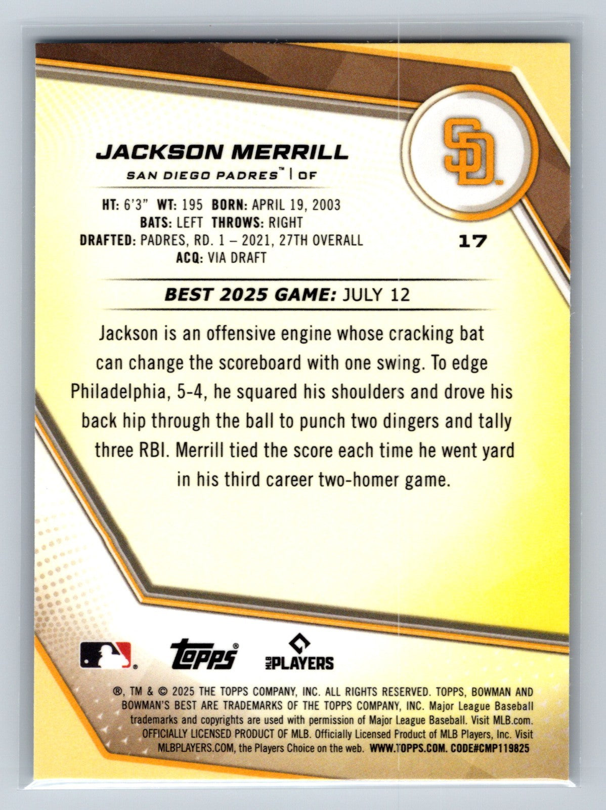 Jackson Merrill 2025 Bowman's Best Aqua Lava Refractor /199 #17 Padres
