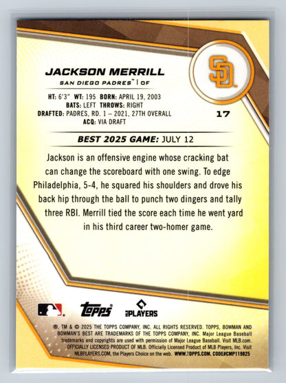 Jackson Merrill 2025 Bowman's Best Aqua Lava Refractor /199 #17 Padres