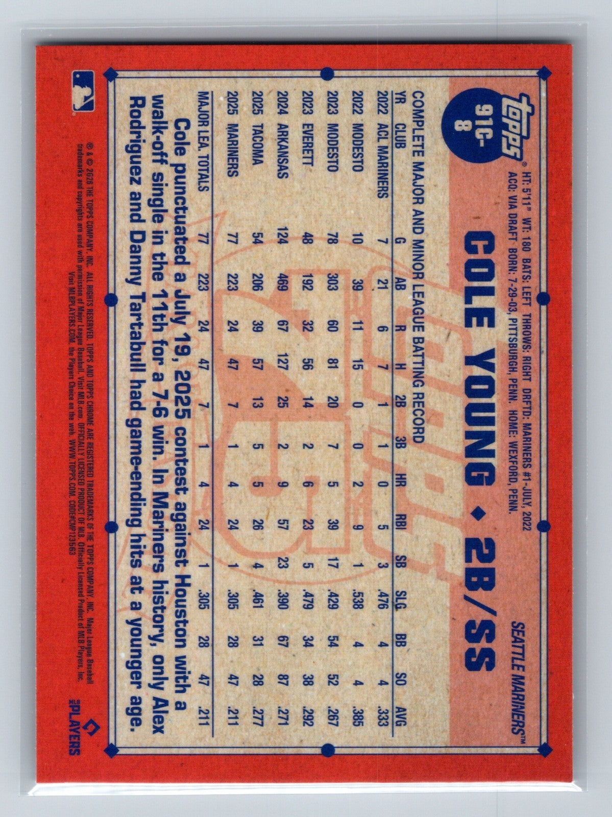 Cole Young 2026 Topps Series 1 1991 Silver Pack Mojo RC #91C-8 Mariners