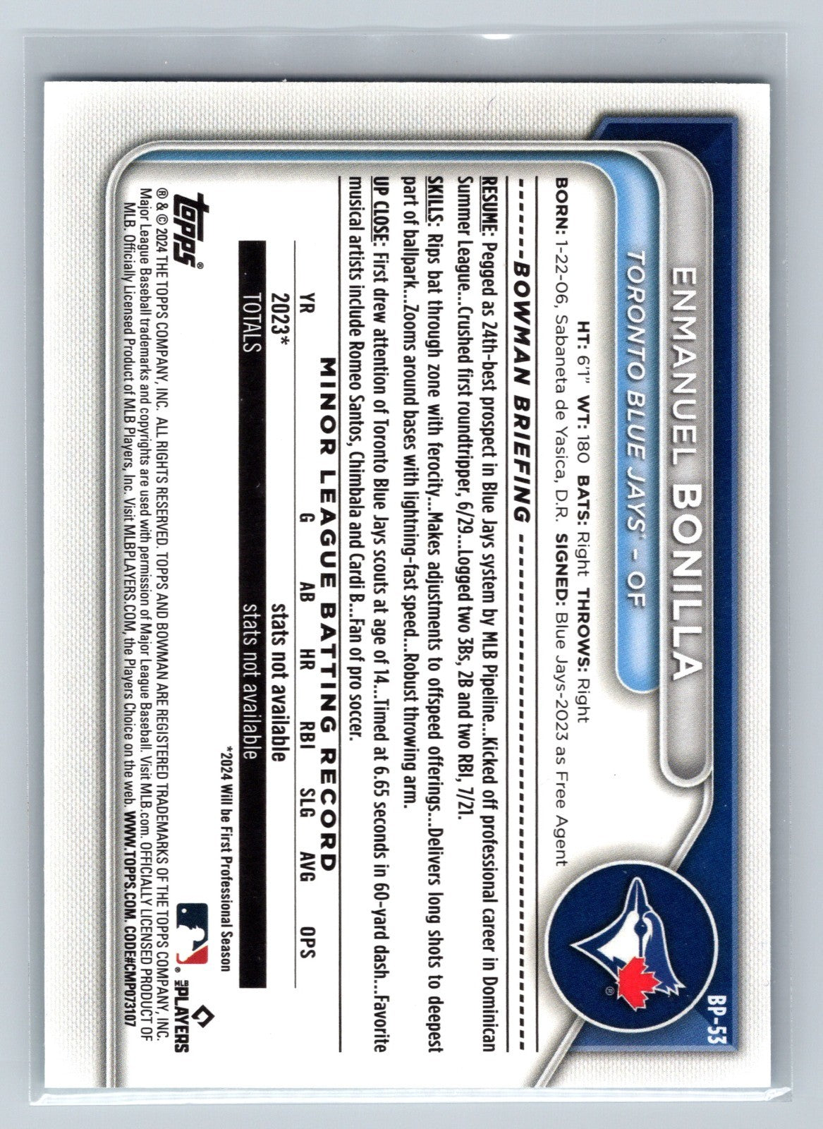 Enmanuel Bonilla 2024 Bowman Paper Prospect Sky Blue /499 #BP-53 Blue Jays