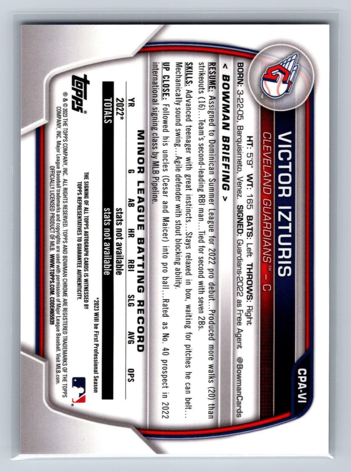 Victor Izturis 2023 Bowman Chrome 1st Auto #CPA-VI Guardians