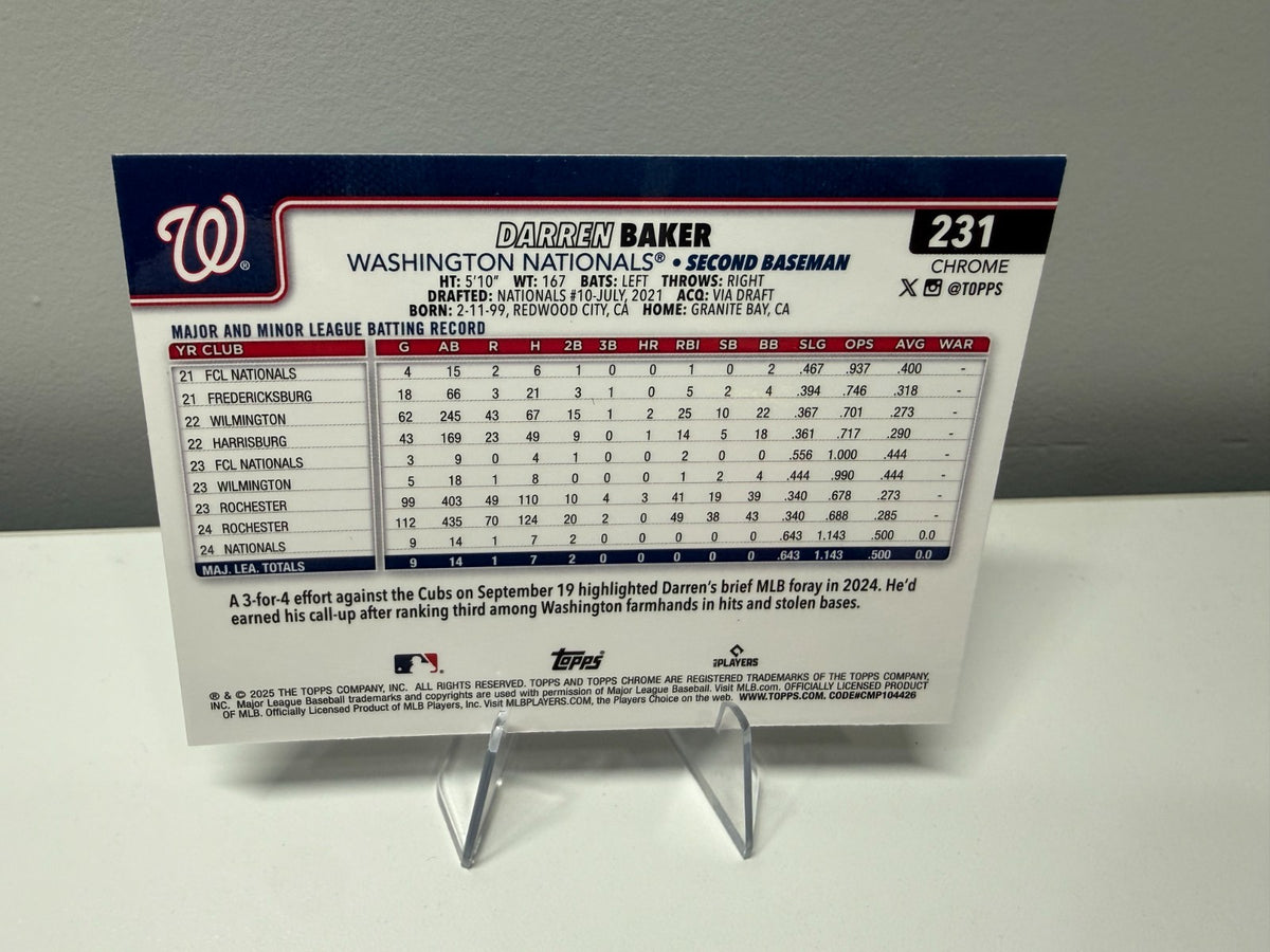Darren Baker 2025 Topps Chrome Blue Logofractor RC /150 #231 Nationals