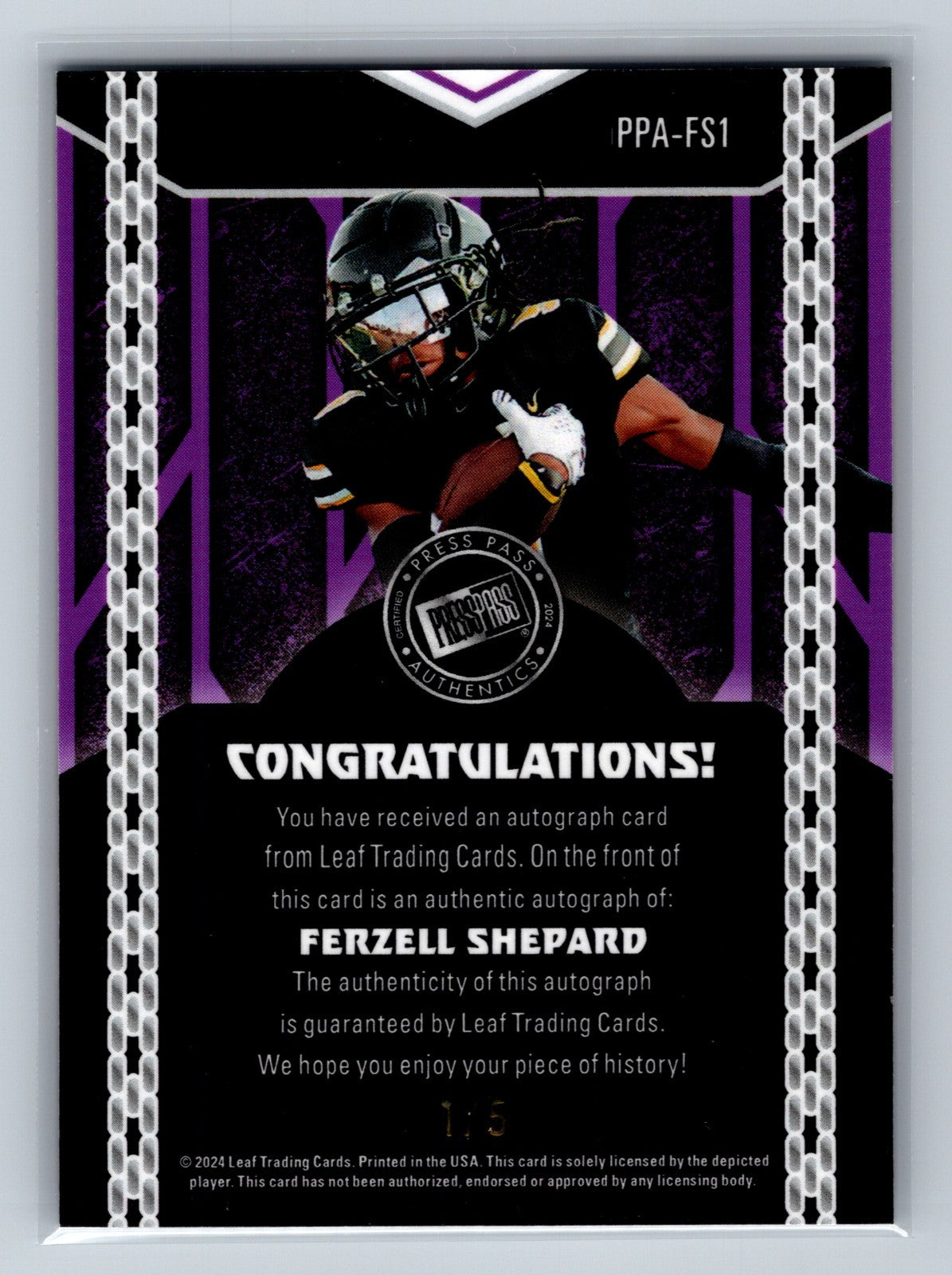 Ferzell Shepard 2024 Leaf Press Pass Red Shimmer /5 Auto #PPA-FS1 Bulldogs