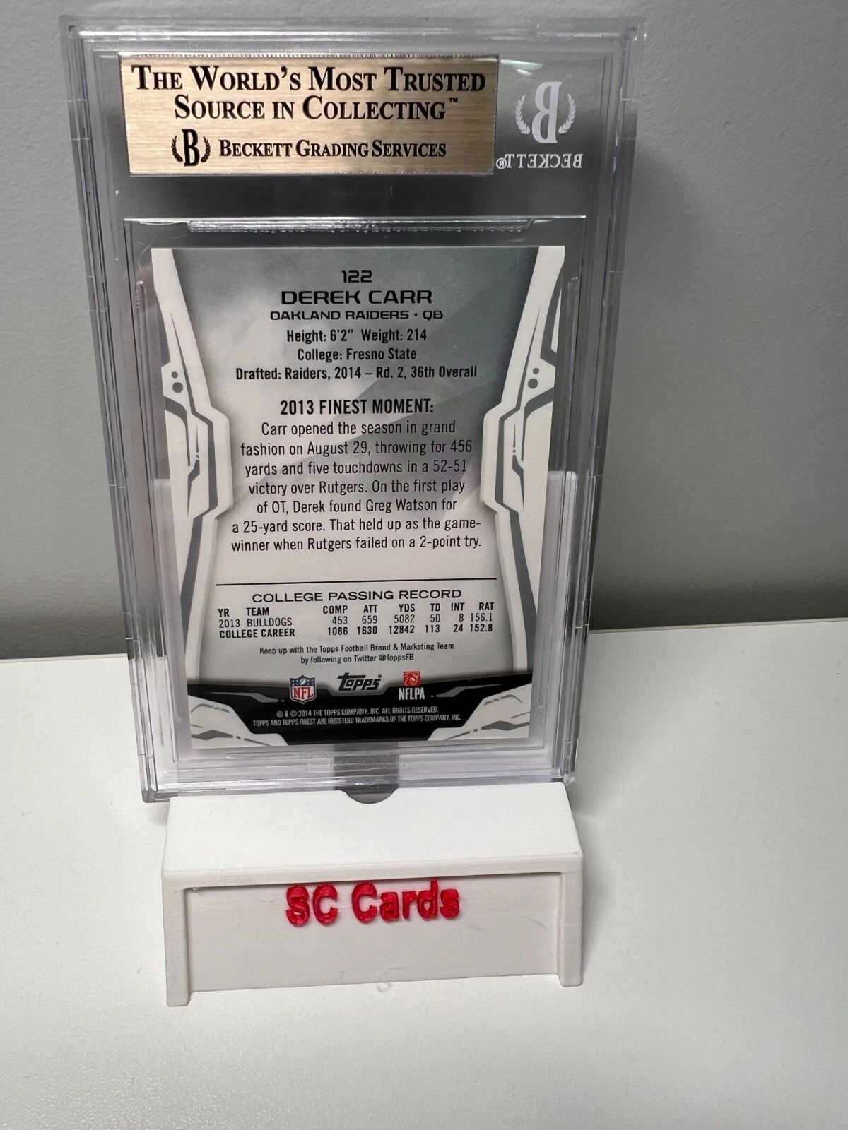 Derek Carr 2014 Topps Finest Blue Refractors RC /99 #122 BGS 9.5 Raiders
