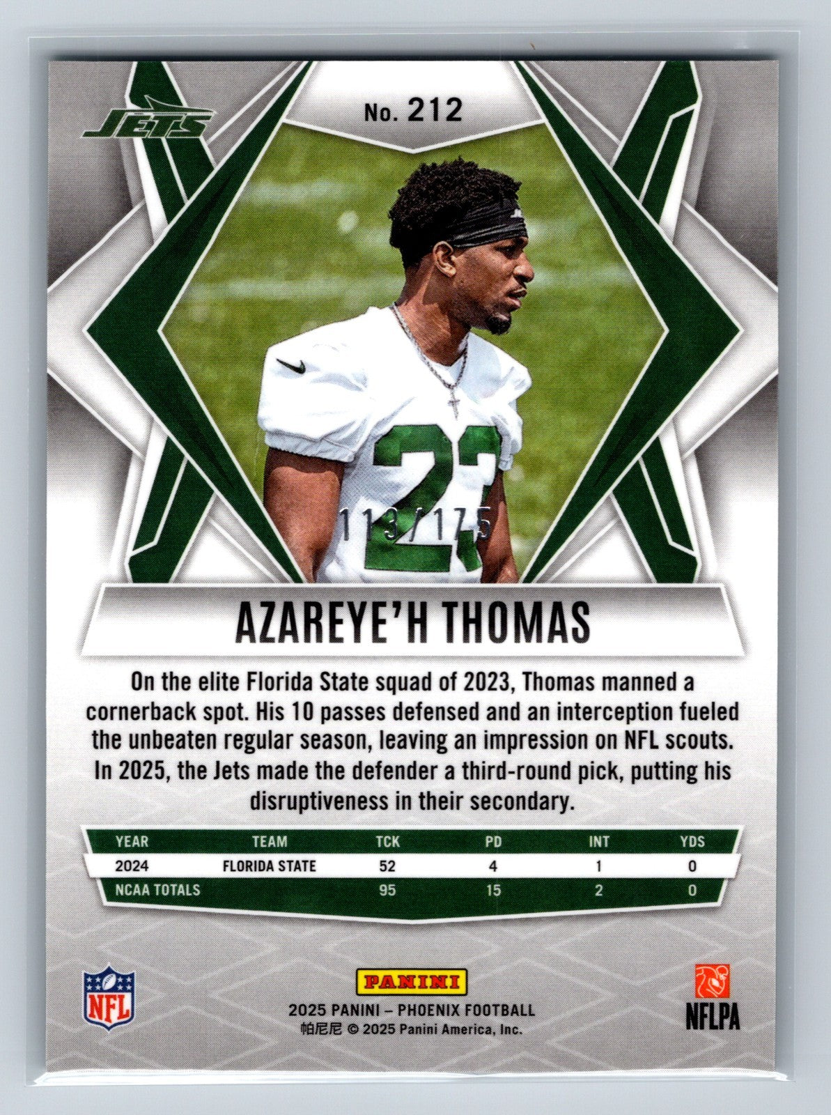 Azareye'h Thomas 2025 Panini Phoenix Teal Lava RC /175 #212 Jets