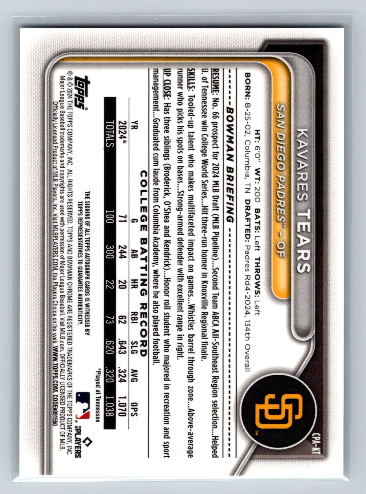 Kavares Tears 2024 Bowman Chrome 1st HTA Choice Refractor Auto /150 #CPA-KT