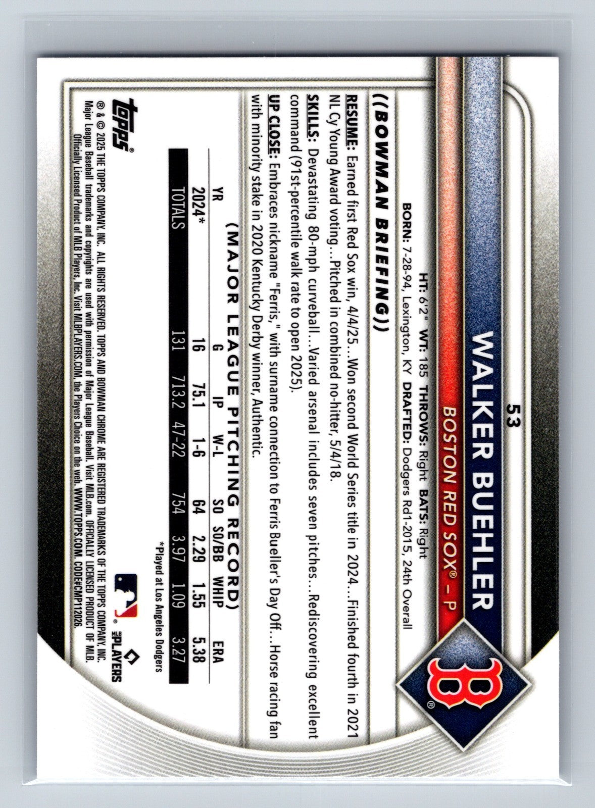 Walker Buehler 2025 Bowman Chrome Blue Wave Refractor /150 #53 Red Sox
