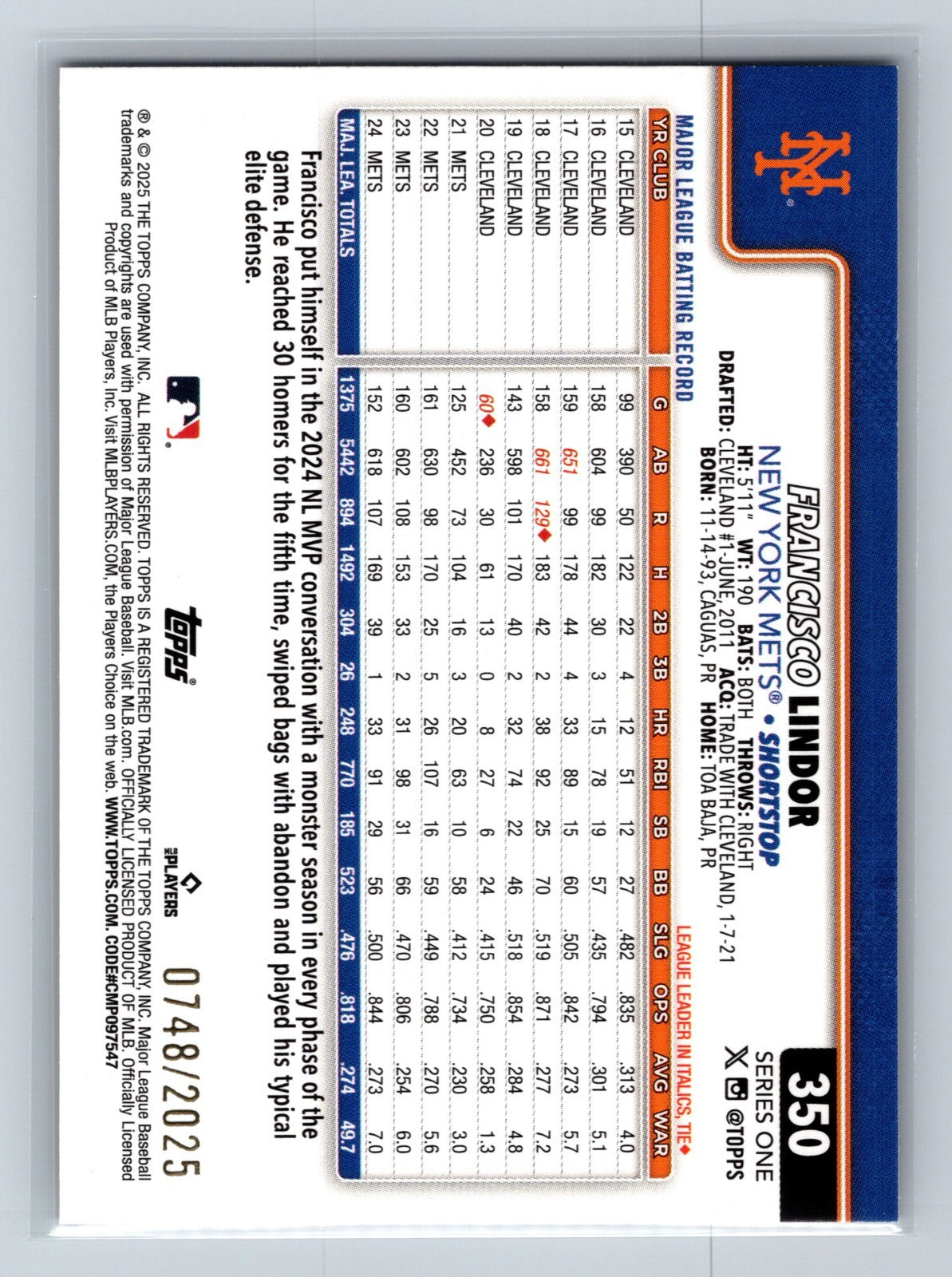 Francisco Lindor 2025 Topps Series 1 Gold /2025 #350 Mets