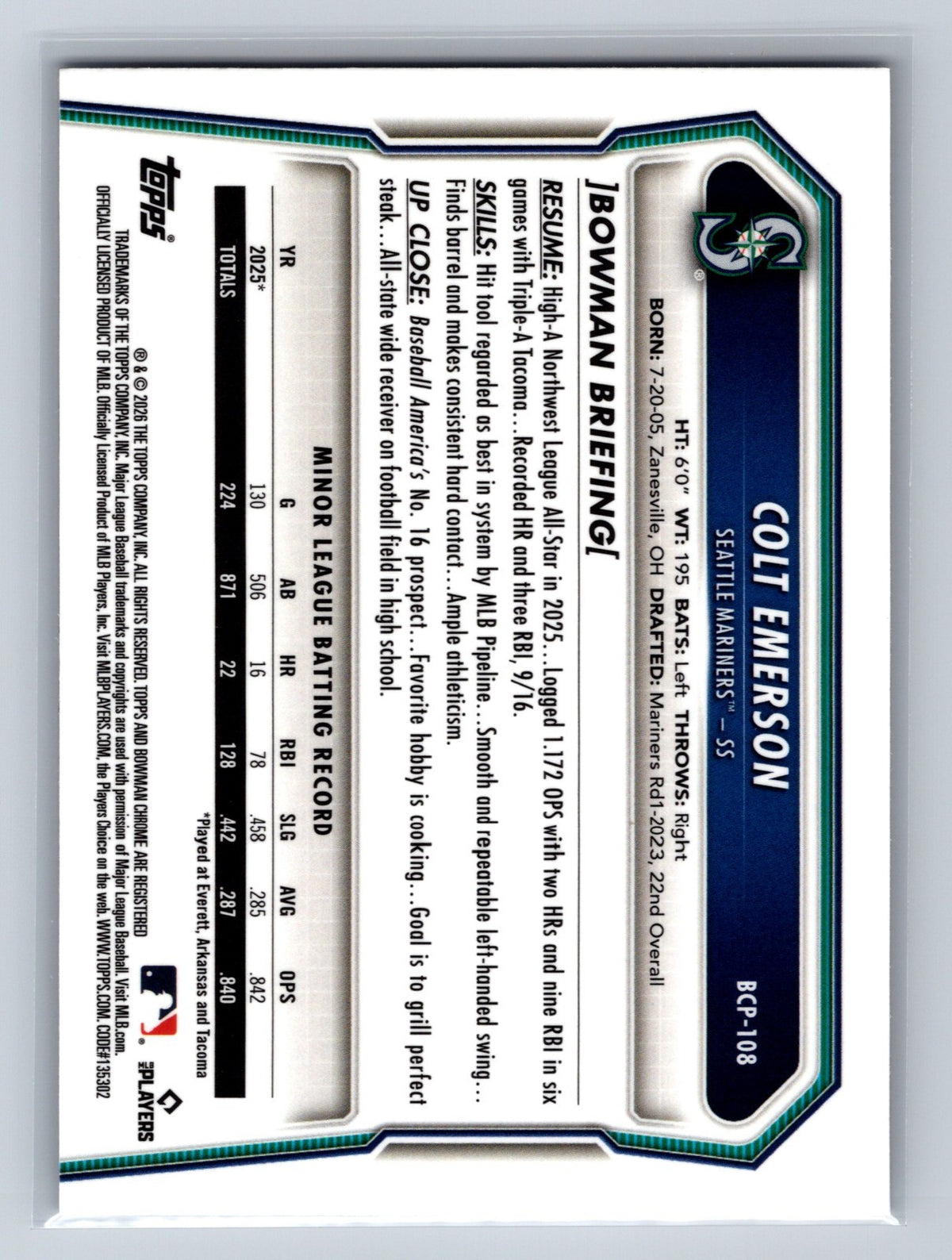 Colt Emerson 2026 Bowman Chrome Prospect Fuchsia Wave Refractor /199 #BCP-108