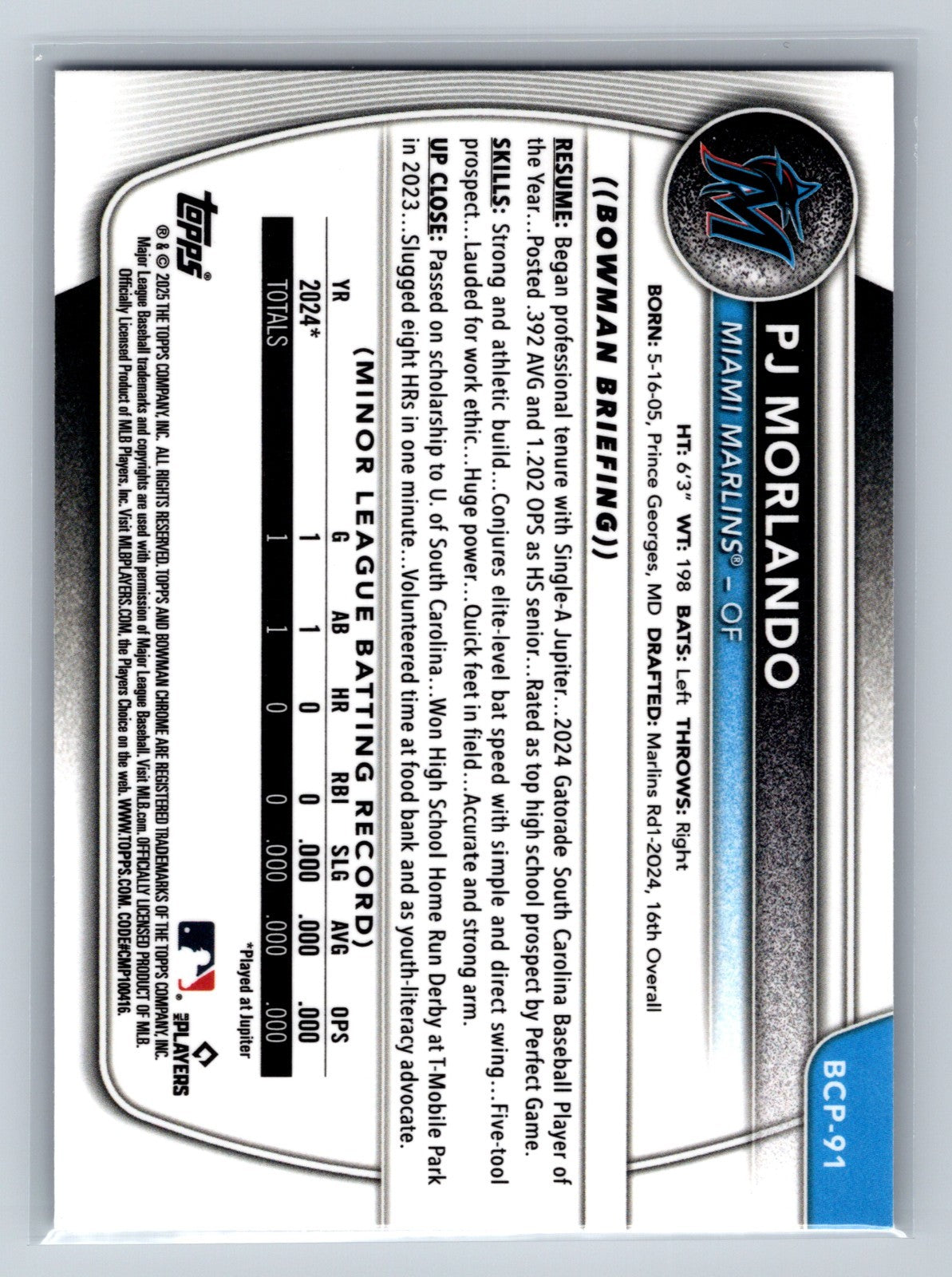 PJ Morlando 2025 Bowman Chrome 1st Purple Refractor /250 #BCP-91 Marlins
