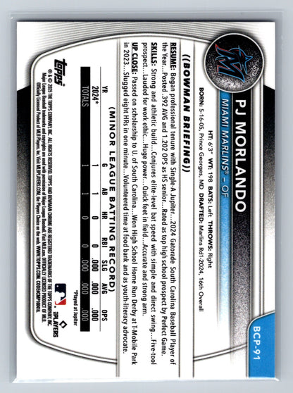 PJ Morlando 2025 Bowman Chrome 1st Purple Refractor /250 #BCP-91 Marlins