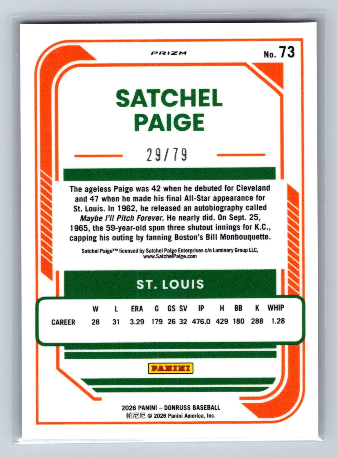 Satchel Paige 2026 Panini Donruss Optic Pink Velocity Prizm /79 #73 Browns