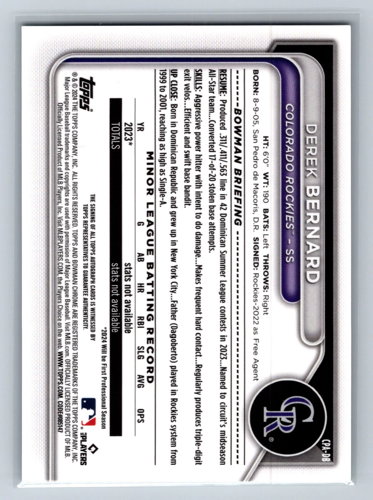Derek Bernard 2024 Bowman Chrome 1st Green Refractor Auto /99 #CPA-DB Rockies