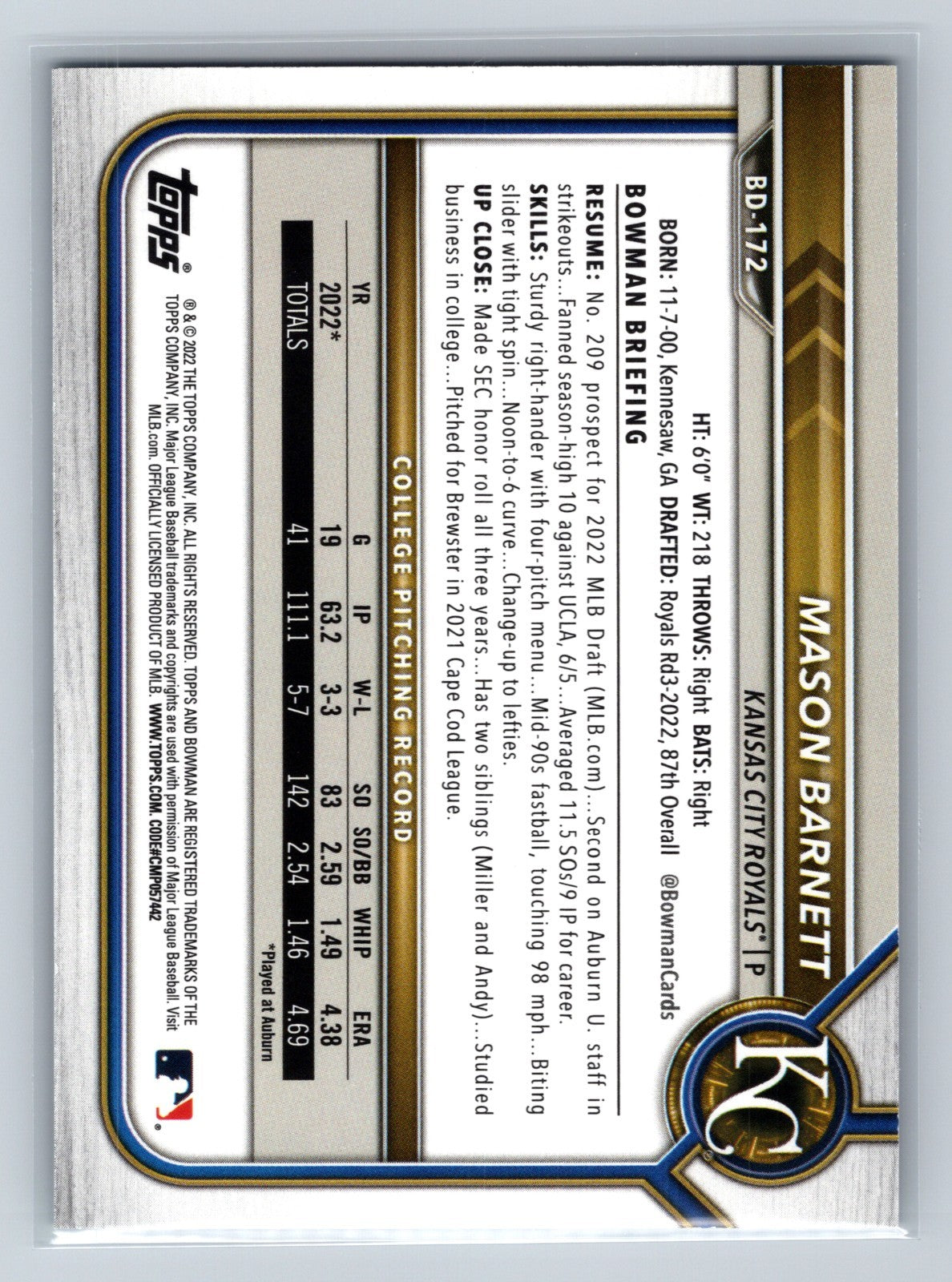 Mason Barnett 2022 Bowman Draft 1st Edition Paper Sky Blue Foil #BD-172 Royals