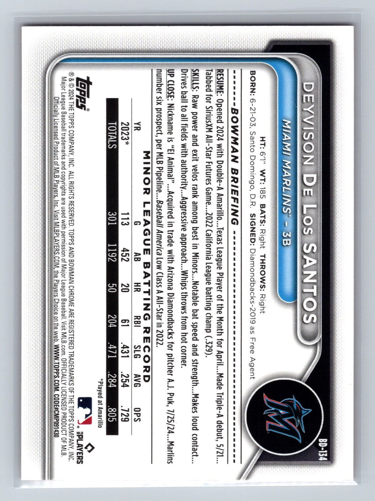 Deyvison De Los Santos 2024 Bowman Draft Paper Orange /25 #BD-134 Marlins