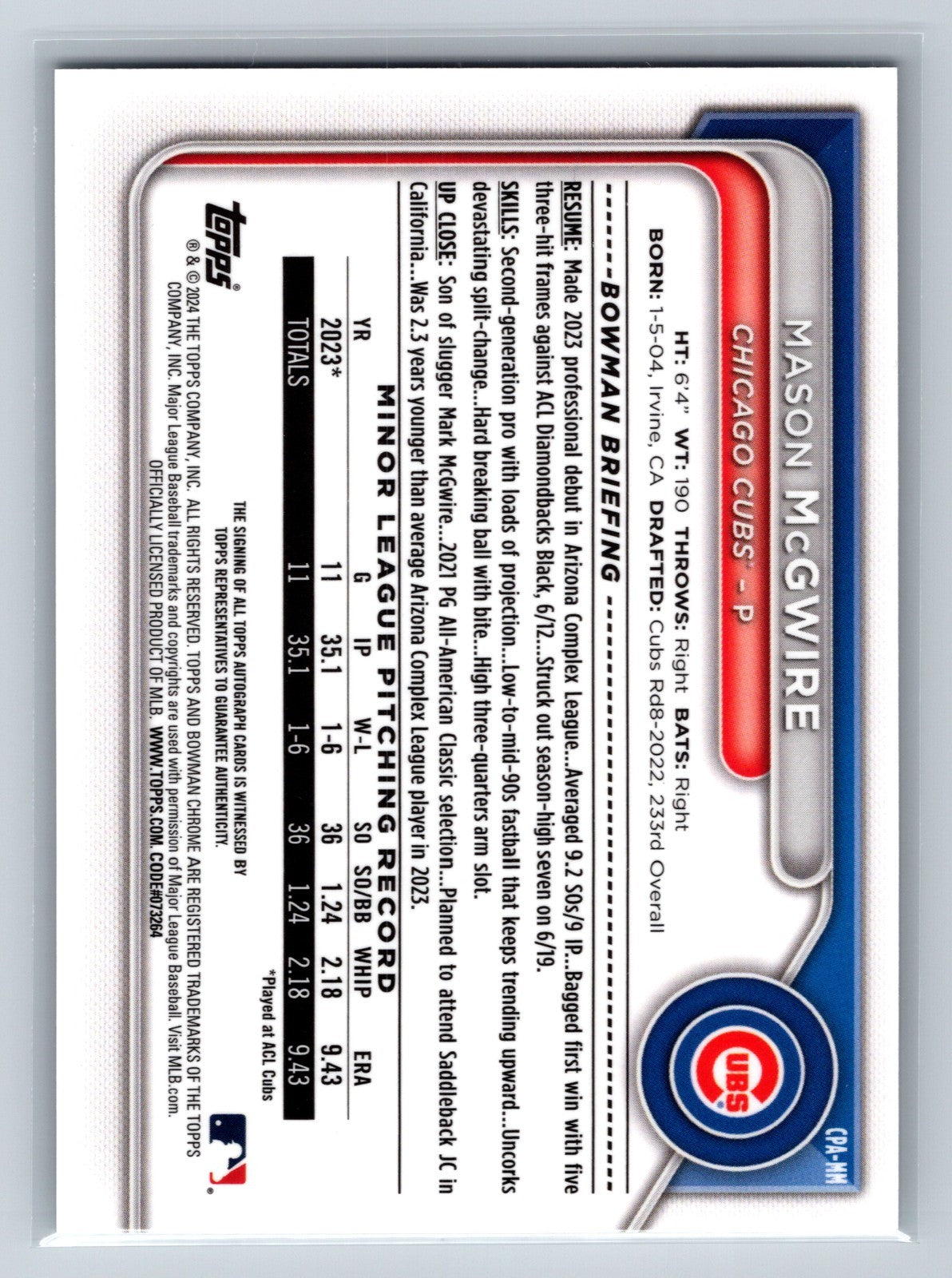 Mason McGwire 2024 Bowman Chrome 1st Auto #CPA-MM Cubs