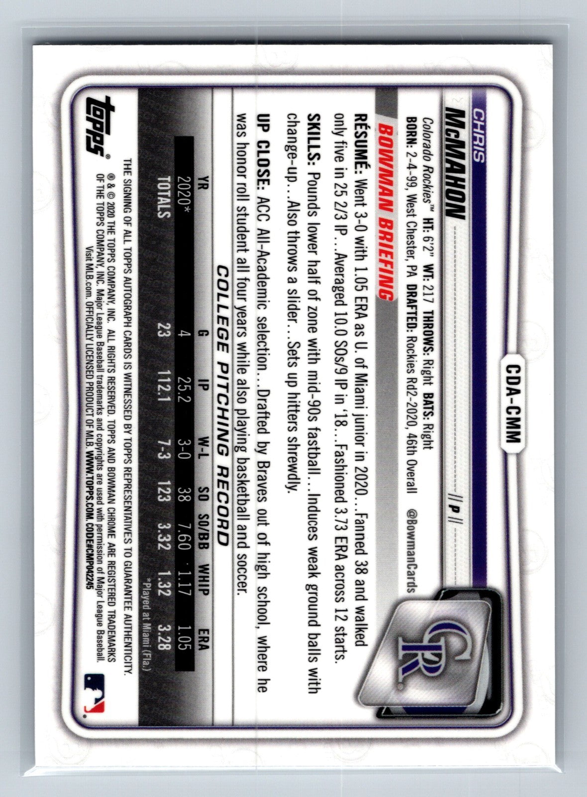 Chris McMahon 2020 Bowman Draft Chrome 1st Auto #CDA-CMM Rockies