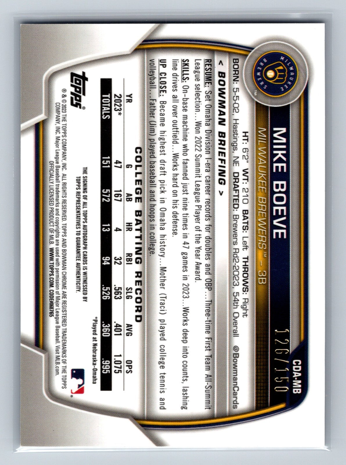 Mike Boeve 2023 Bowman Draft Chrome 1st Blue Wave Refractor Auto /150 #CDA-MB