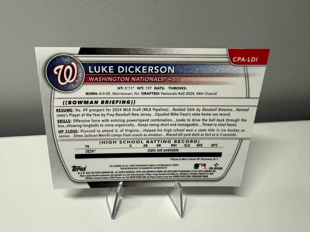 Luke Dickerson 2025 Bowman Chrome 1st Snack Pack Bubble Gum Refractor Auto /5