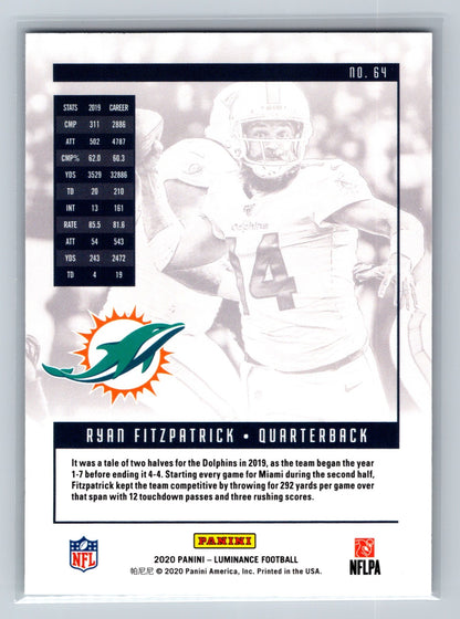 Ryan Fitzpatrick 2020 Panini Luminance Blue /99 #64 Dolphins
