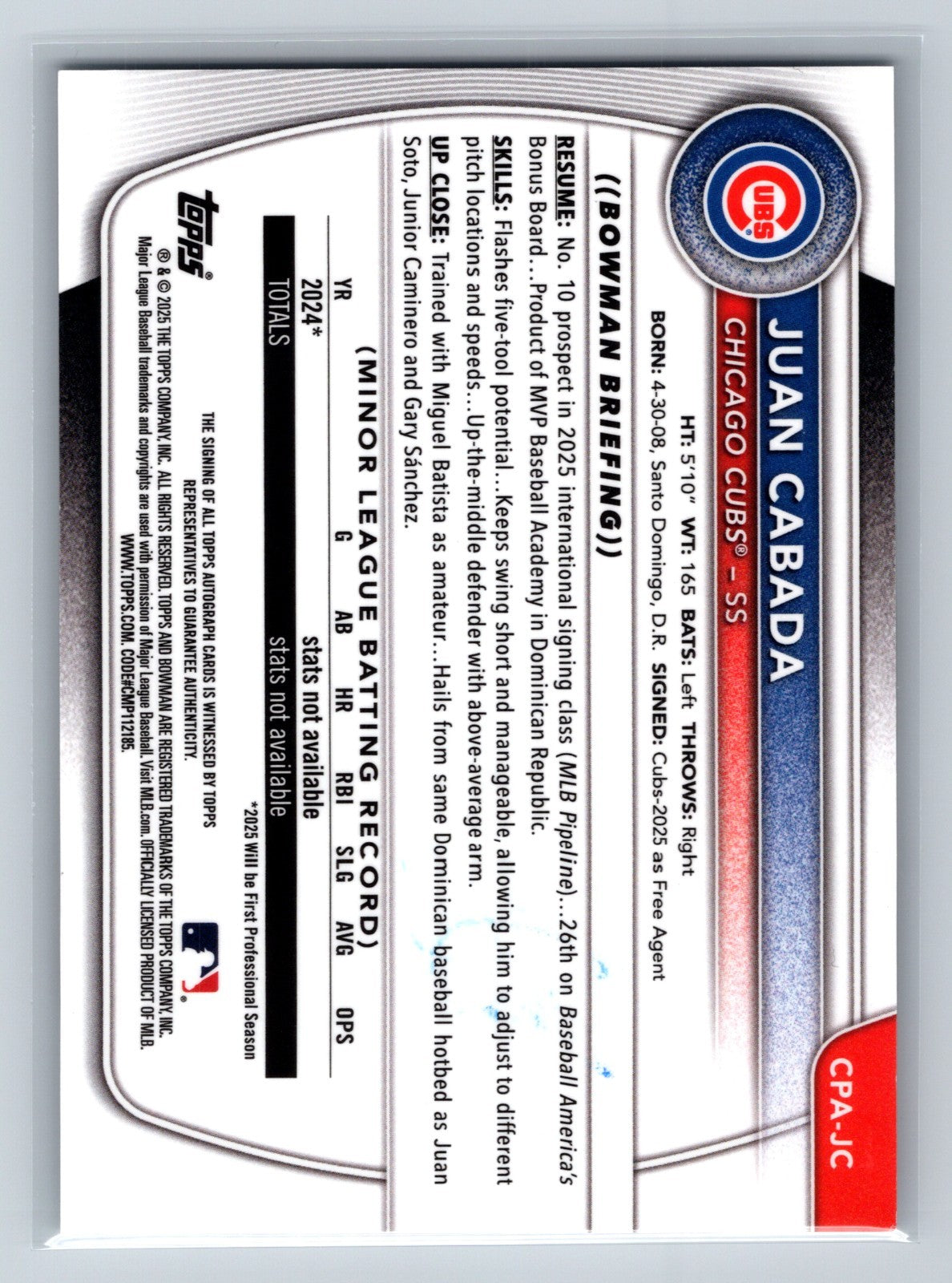 Juan Cabada 2025 Bowman Chrome 1st Auto #CPA-JC Cubs