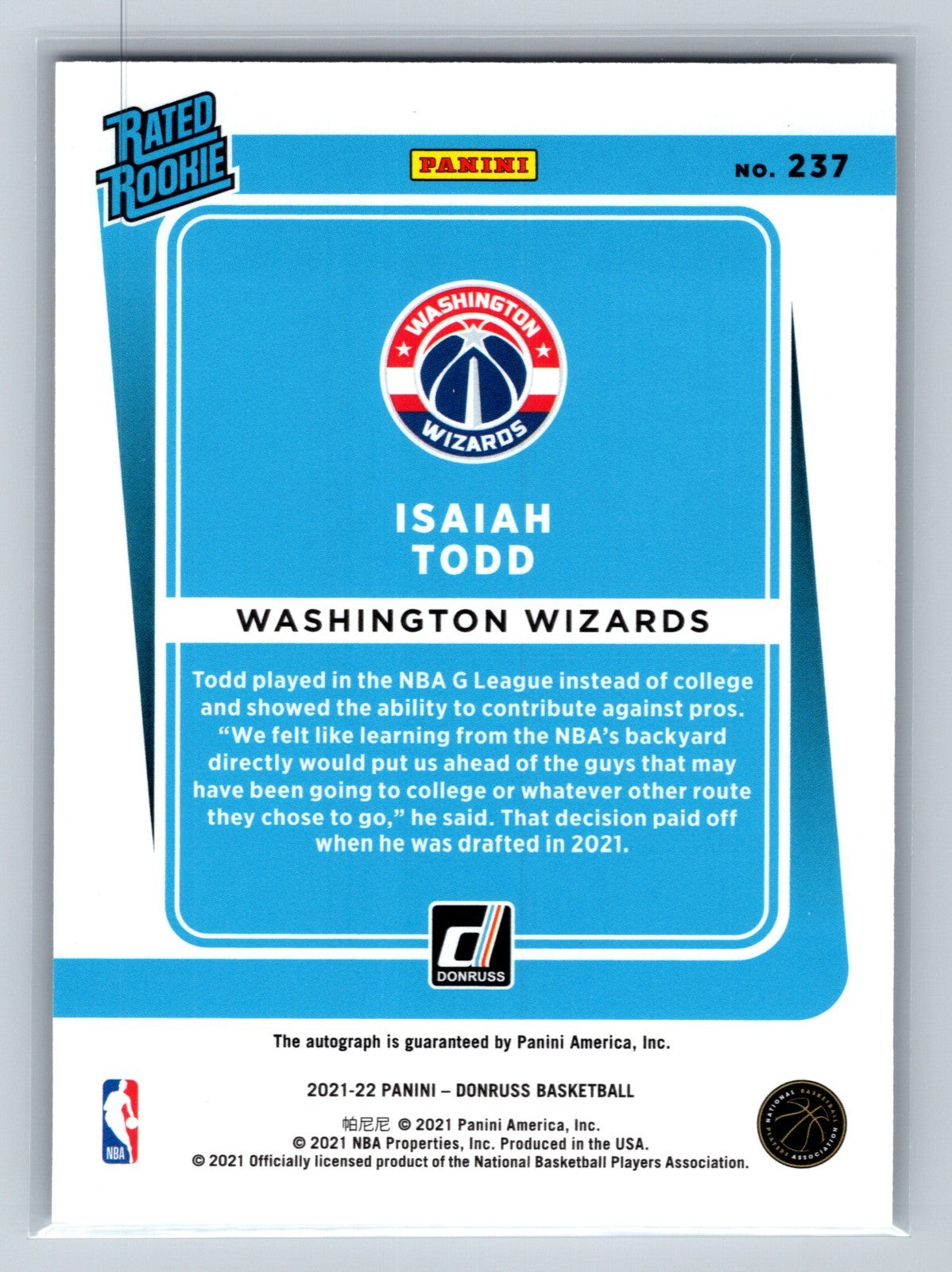 Isaiah Todd 2021-22 Panini Donruss Rated Rookie Choice Mojo Auto #237 Wizards