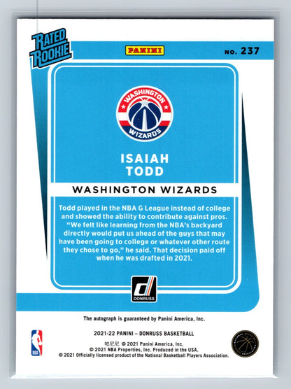 Isaiah Todd 2021-22 Panini Donruss Rated Rookie Choice Mojo Auto #237 Wizards