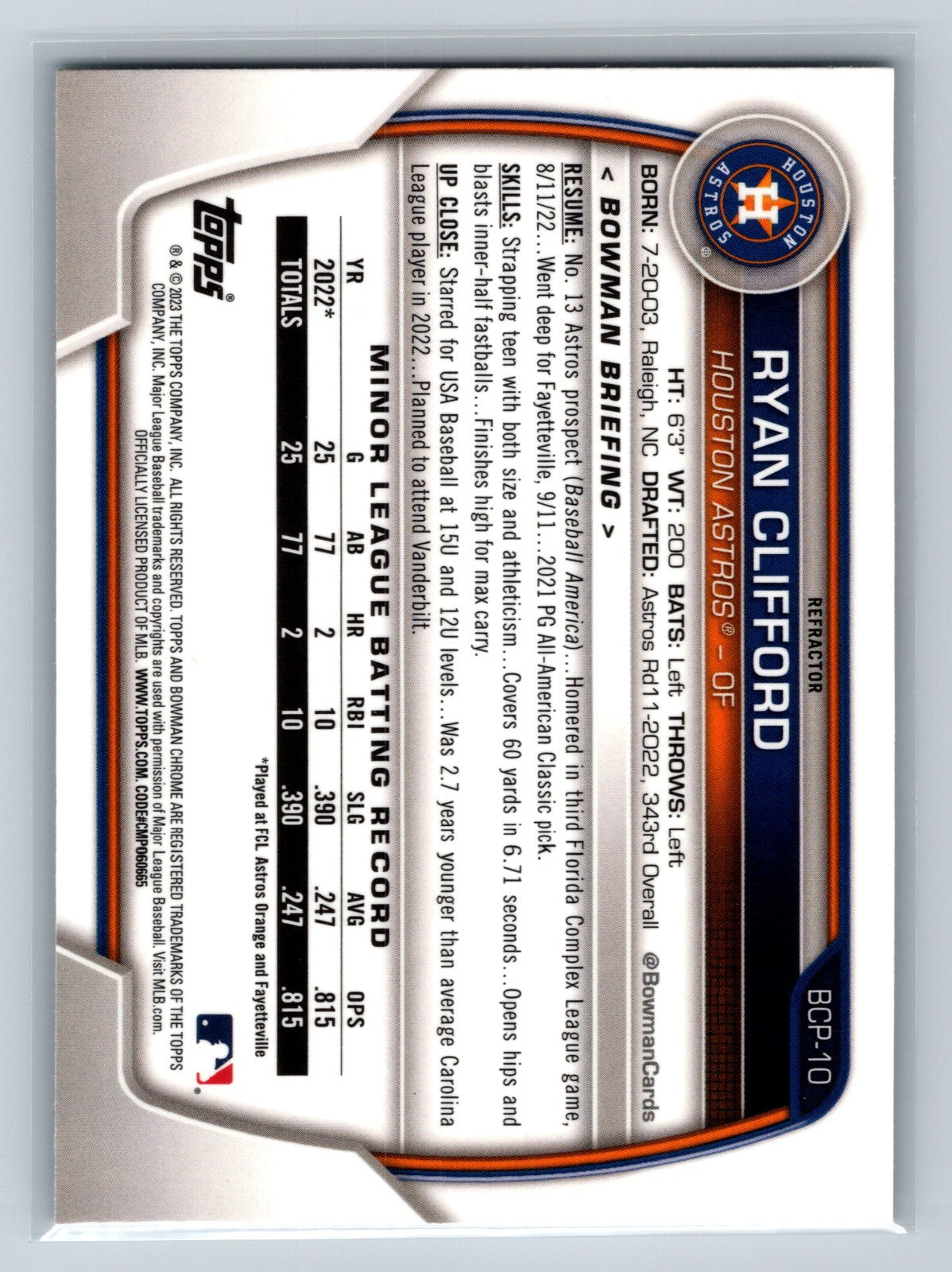Ryan Clifford 2023 Bowman Chrome 1st Lunar Glow Refractor #BCP-10 Astros