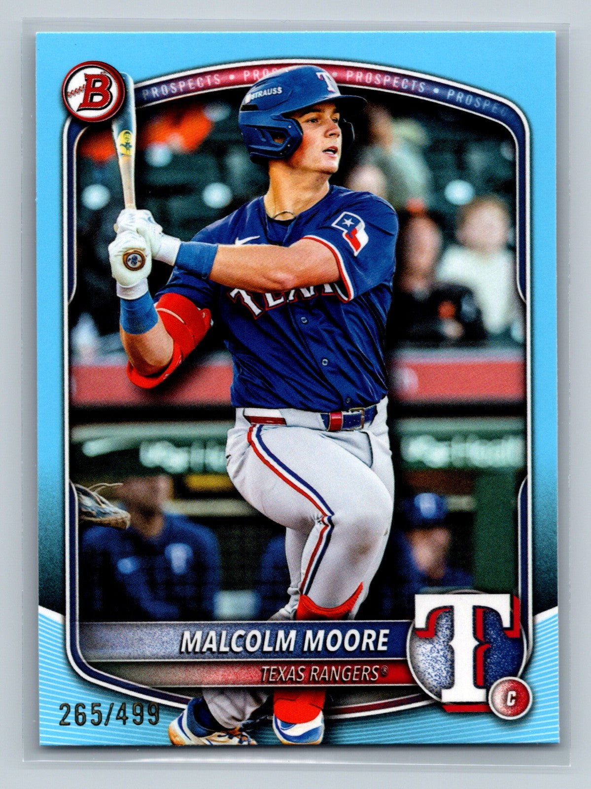 Malcolm Moore 2025 Bowman Draft Paper Sky Blue Border /499 #BD-191 Rangers