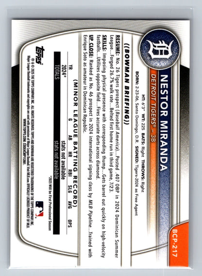 2025 Bowman Chrome Nestor Miranda Gold Refractor /50 #BCP-217 Tigers