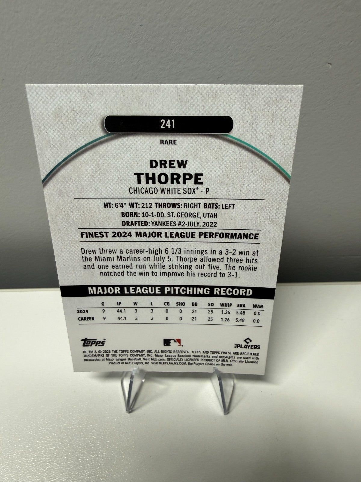 Drew Thorpe 2025 Topps Finest Rare Sky Blue Refractor /150 #241 White Sox
