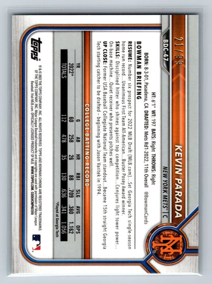 Kevin Parada 2022 Bowman Draft Chrome 1st Green Speckle Refractor /99 #BDC-47