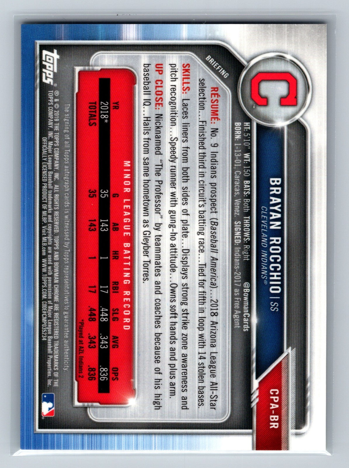 Brayan Rocchio 2019 Bowman Chrome 1st Auto #CPA-BR Guardians