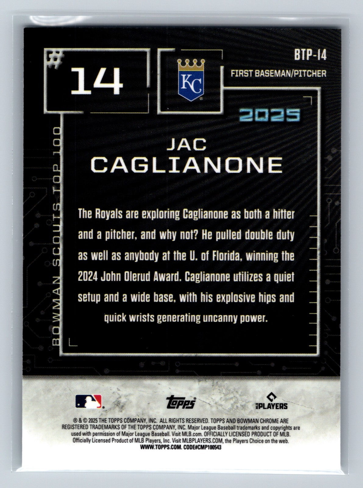 Jac Caglianone 2025 Bowman Scouts Top 100 Mini Diamond Refractor /150 #BTP-14